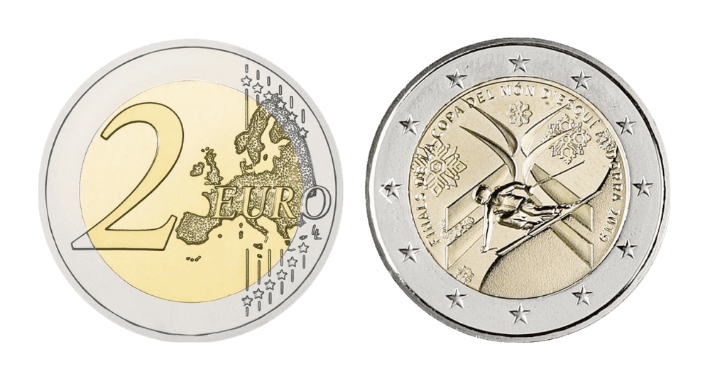 Moneda de 2€ cara mundo de esquí alpino de andorra