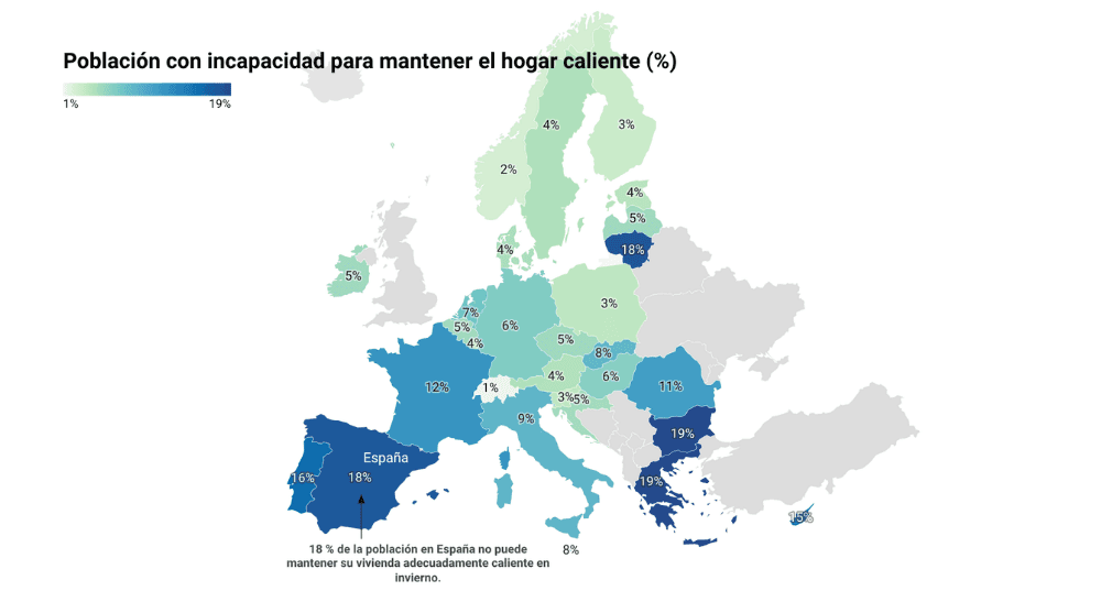 Mapa de Europa población con incapacidad para tener calefacción en casa